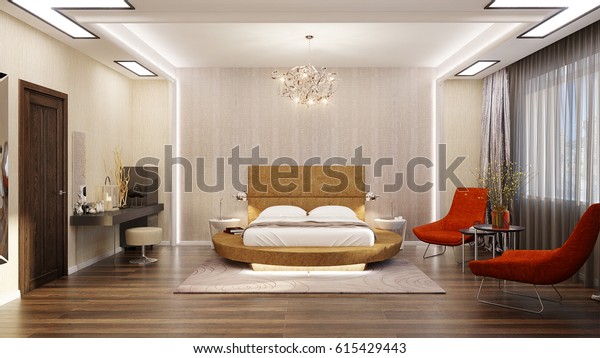 Modern Bedroom Interior Design Round Bed Stock Illustration