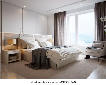 Modern Bedroom Interior Design with White Walls, Soft Beige Curtains, White Furniture and Large Wardrobe. 3d illustration.