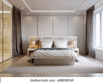 Modern Bedroom Interior Design with White Walls, Soft Beige Curtains, White Furniture and Large Wardrobe. 3d illustration.