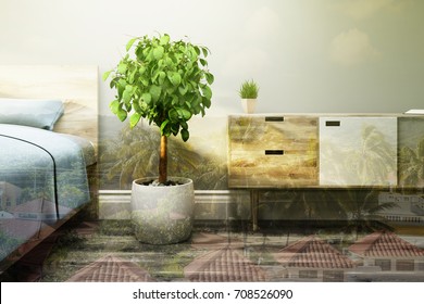 Modern bedroom interior with a double bed, a blue cover, a cabinet and a tree in a pot. A wooden floor and gray walls. 3d rendering toned image double exposure