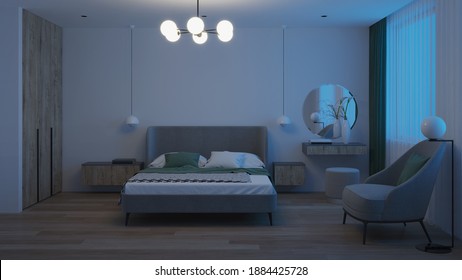 Modern Bedroom Interior. Night. Evening Lighting. 3D Rendering.