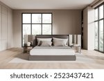 Modern bedroom interior showing a cozy bed with pillows, large windows, and minimalist furniture. Natural light floods the room, enhancing the serene atmosphere. 3D Rendering