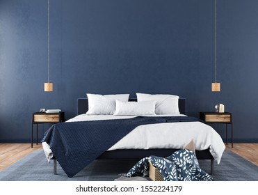 Modern bedroom interior with a stylish combination of trendy blue and light wood texture / 3D illustration, 3d render