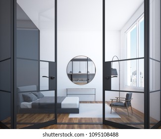 Modern Bedroom Interior With A Wooden Floor, A Large Window And A Round Mirror On The Wall. Glass Doors. 3d Rendering