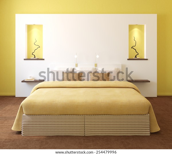 Modern Bedroom Interior Yellow Walls Kingsize Stock