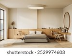 A modern bedroom with minimalist design, featuring wooden furniture, neutral colors, large window, and cozy bed. Concept of tranquility. 3D Rendering