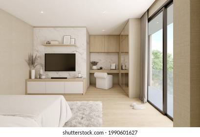 Modern Bedroom With Wardrobe,rug,TV On Mable Wall And Wooden Table.Light Wood Furniture And Floor.3d Rendering