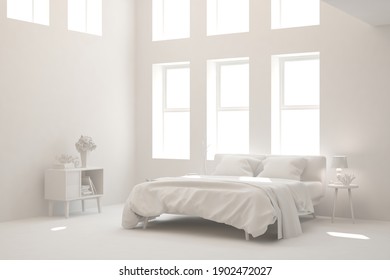 Modern bedroom in white color. Scandinavian interior design. 3D illustration
