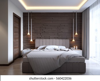 Modern bedroom with wooden 3D panels on the wall, LED Backlight on ceiling. 3d render