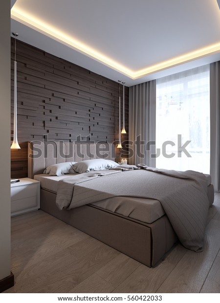 Modern Bedroom Wooden 3d Panels On Stock Illustration 560422033