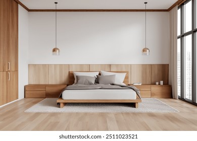 Modern bedroom with wooden furniture and large windows, featuring a cozy bed and minimal decor. Interior design concept. 3D Rendering