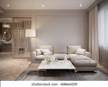 Modern Beige Gray Living Room Interior Design with Large Light Beige Sofa and Beige White Curtains. 3d rendering