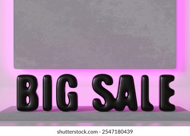 Modern BIG SALE text in bold black letters with sleek 3D design, against minimalist gray backdrop illuminated by pink neon lighting. Digital marketing, promotional banner, or e. 3D Illustration - Powered by Shutterstock