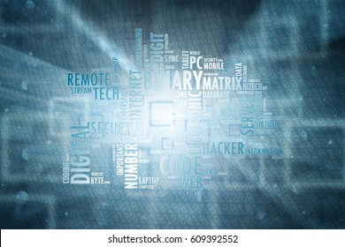 Modern Binary Numbers Blue Colored Word Cloud On Abstract Reflection Illustration Background.