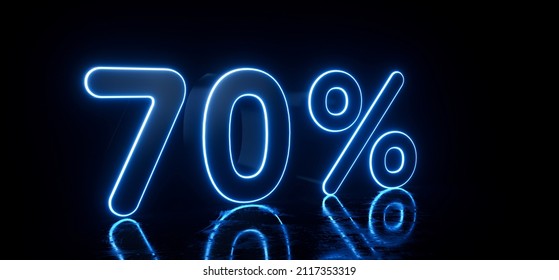 Modern Black 70% Percent, Discount Sign With Futuristic Blue Glowing Neon Lights, Rotation, Isolated On The Black Background - 3D Illustration