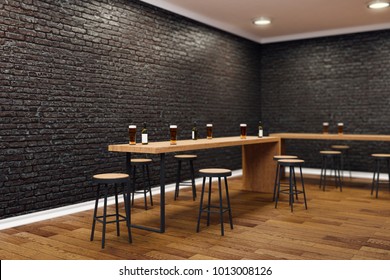 Modern Black Brick Pub Or Bar Interior With Copy Space On Wall. Mock Up, 3D Rendering 