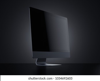 Modern black computer screen isolated on dark background. 3d rendering