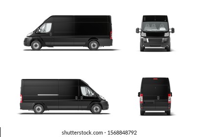 Modern Black Delivery Truck Van On White Background. 3d Rendering. Side View.