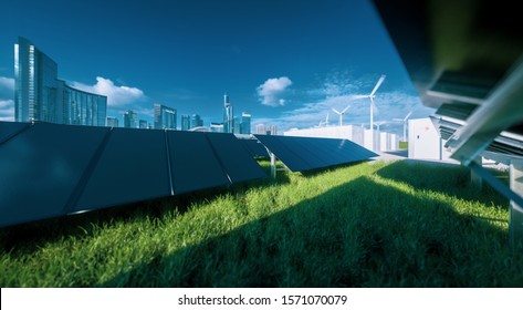 Modern Black Frameless Solar Panel Farm, Battery Energy Storage And Wind Turbines On Fresh Green Grass Under Blue Sky - Concept Of Green Sustainable Energy  System. 3d Rendering.