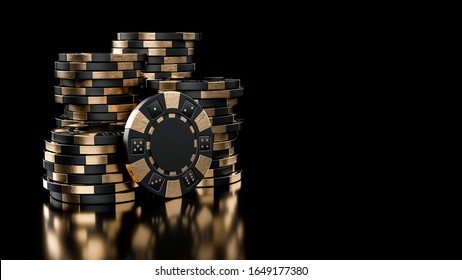 Modern Black And Gold Casino Chips, Isolated On The Black Background - 3D Illustration