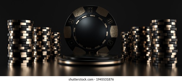 Modern Black And Gold Pedestal And Casino Chips, Isolated On The Black Background. Empty Space For Logo Or Text - 3D Illustration