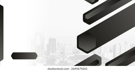 Modern black gradient abstract design with futuristic shapes and a faint cityscape in the background. Ideal for corporate, business, and tech themes.
