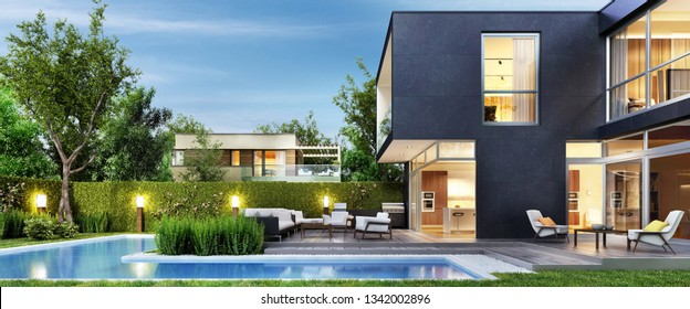 Modern Black House With Patio And Pool. Evening View. 3d Rendering