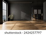 Modern black interior empty room , table with chairs. Mock up. Suitable for interior rooms furniture template. 3d Rendering