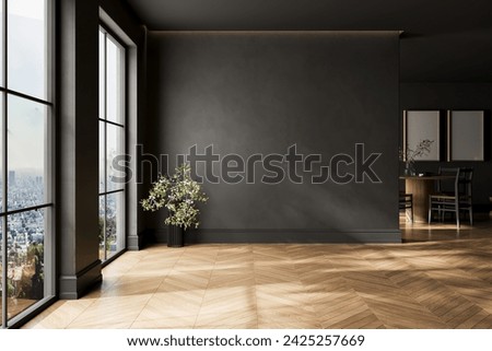 Modern black interior empty room , table with chairs. Mock up. Suitable for interior rooms furniture template. 3d Rendering