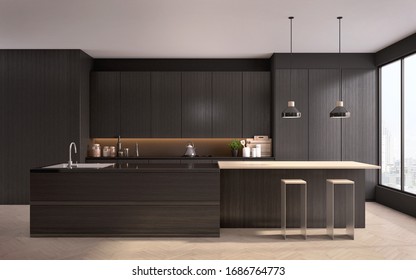 Modern Black Kitchen Near Window With A Wooden Floor,countertops With Black Cupboards,bar,stools,lamp In The Foreground.3d Rendering