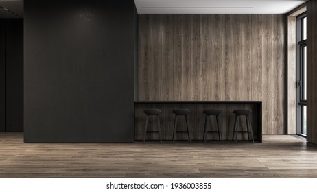Modern, black minimalist interior with kitchen, wood floor, wall panels and bar. 3d render illustration mock up.