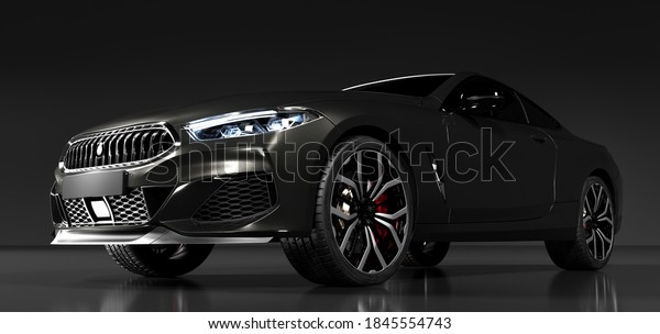 Modern black premium car in studio light.\
Brandless contemporary style. 3D\
illustration