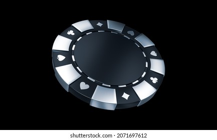 Modern Black And Silver Casino Chip With Card Symbols On Black Background. Empty Space -  3D Illustration