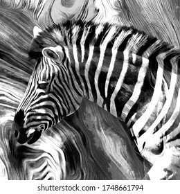 modern black and white zebra oil painting. Abstract painting for interior decoration. contemporary style artwork with chaotic paint strokes and splashes, artist collection of animal painting.