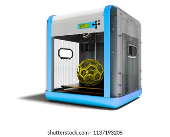 Modern blue 3d printer with yellow geometric figure inside for home use 3d render on white background with shadow