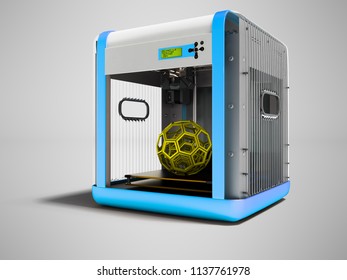 Modern blue 3d printer with yellow geometric figure inside for home use 3d render on gray background with shadow