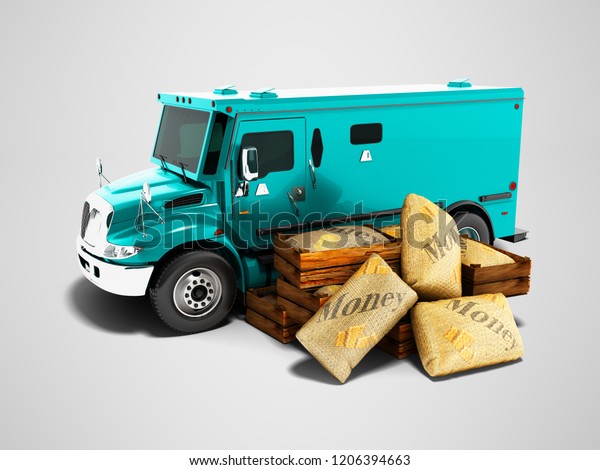 Modern blue armored truck for\
carrying money in bags 3d render on gray background with\
shadow