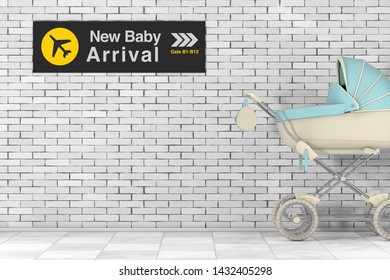 Modern Blue Baby Carriage, Stroller, Pram With New Baby Arrival Airport Sign In Front Of Brick Wall. 3d Rendering 