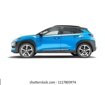 Modern Blue Car Crossover 3D Render On White Background With Shadow