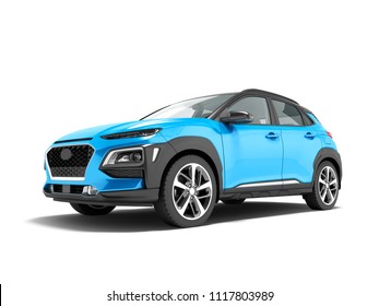 Modern Blue Car Crossover In Front 3d Render On White Background With Shadow