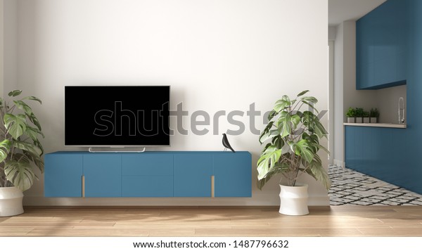 Modern Blue Colored Minimalist Living Room Stock Illustration