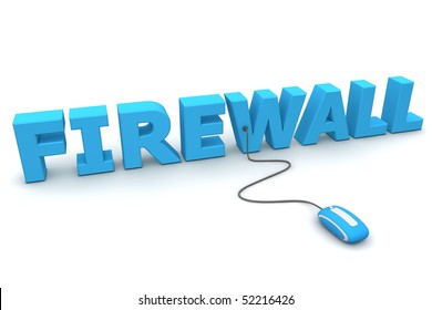 modern blue computer mouse connected to the blue word Firewall
