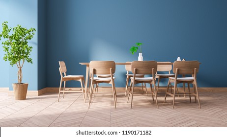  Modern Blue Dining Room Interior Design, Wood Dining Furniture Sets On Blue Wall And Wood Floor,3d Render