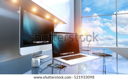 Modern Blue Glass Desk Office Interior Stock Illustration