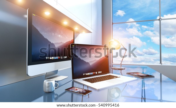 Modern Blue Glass Desk Office Interior Stock Illustration 540995416