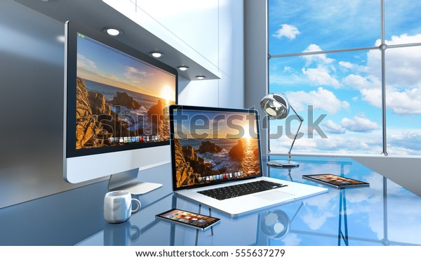 Modern Blue Glass Desk Office Interior Stock Illustration 555637279