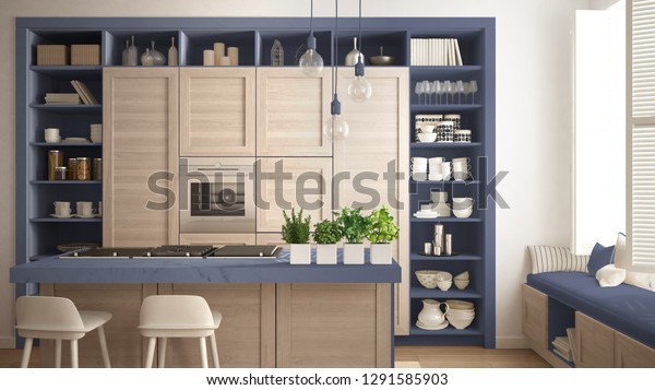 Modern Blue Kitchen Wooden Details Contemporary Stock Illustration