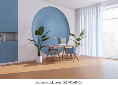 Modern blue office interior with window, city view and curtains, furniture and equipment, decorative round pattern on wall. 3D Rendering