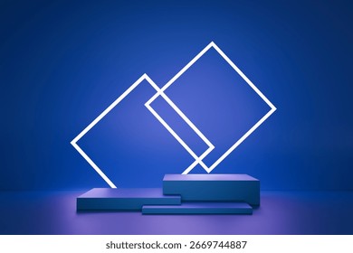 A modern blue studio features three geometric pedestals and two interlocking white neon square lights, creating an abstract and vibrant display background.