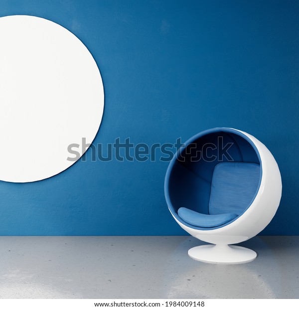 Modern\
blue and white ball chair in a blue color room. modern studio\
apartment interior design and decoration\
idea.